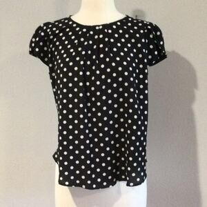 Sal Michel Black w/White Polka-dots Key Hole Back Tulip Pleated Front Blouse L